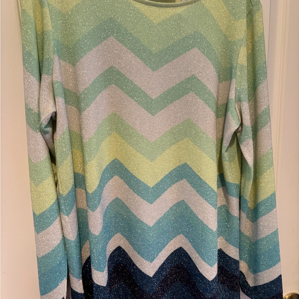 Susan Graver Green, White, Blue Chevron Top